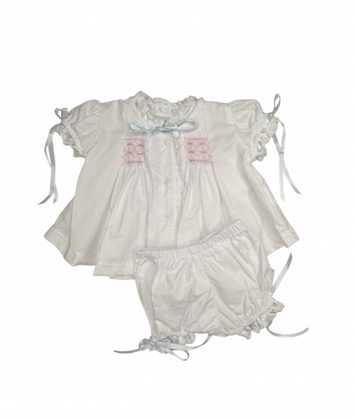 Heirloom Smocked Bloomer Set- White Batiste w/ Blue & Pink Smocking
