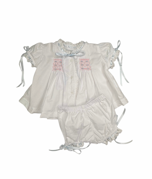 Heirloom Smocked Bloomer Set- White Batiste w/ Blue & Pink Smocking