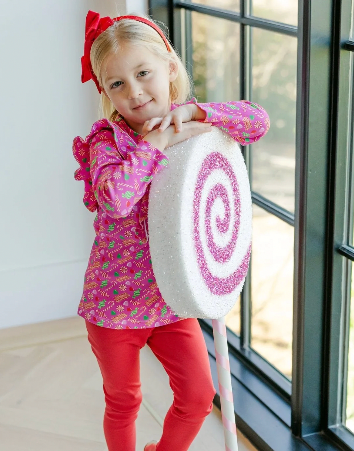 Olive Set Girls' Legging Set - Christmas Candy Pink