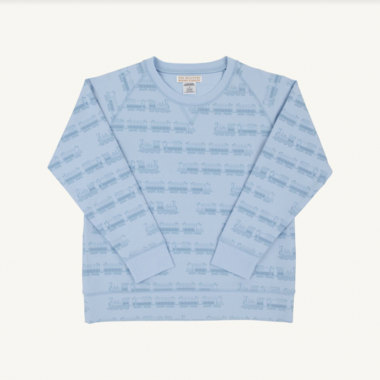 Cassidy Comfy Crewneck - Boys - French Terry- Blue Choo Choos/Beale Street Blue