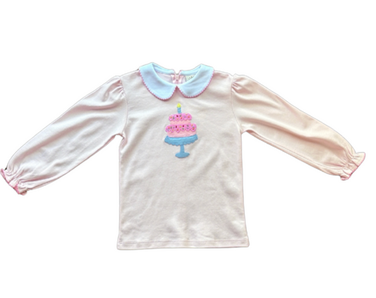 LS Peter Pan Collar Tee- Birthday Cake Applique