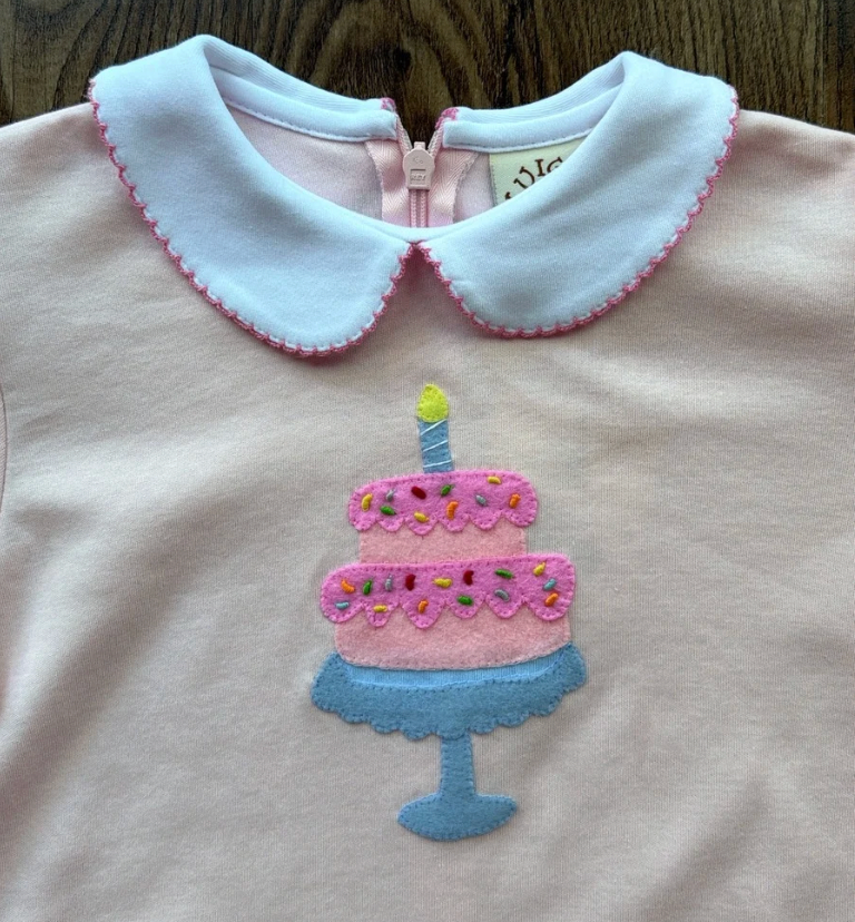 LS Peter Pan Collar Tee- Birthday Cake Applique