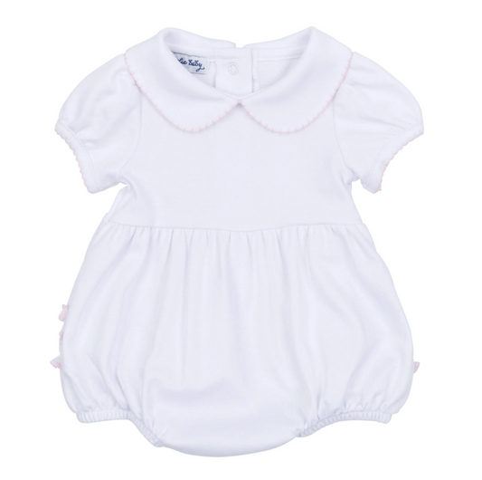 Essentials Solid Collared Ruffle Bubble- White w/ Pink Trim