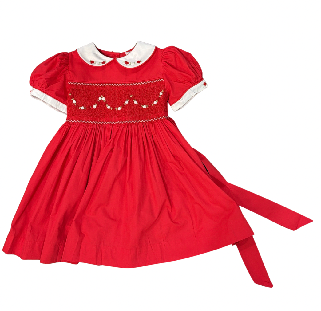 Red Embroidered Smocked Bodice Dress