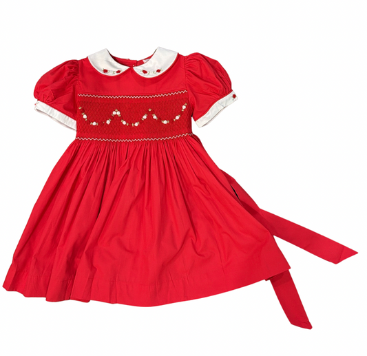 Red Embroidered Smocked Bodice Dress