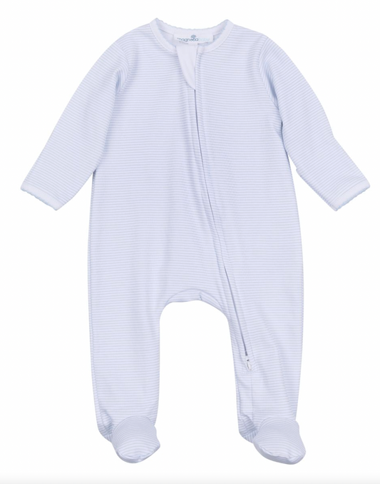Mini Stripes Zip Footie- Light Blue
