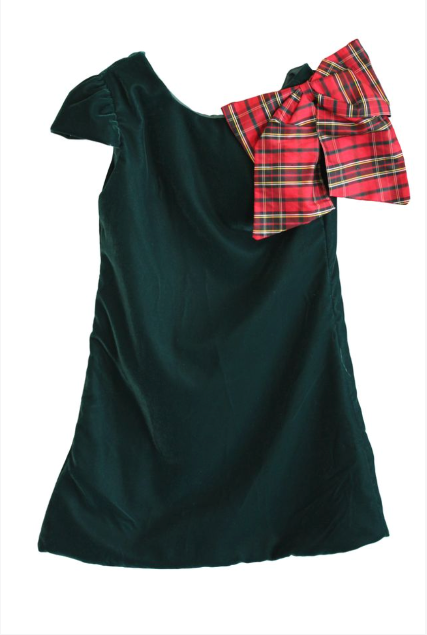 Green Velvet Dress w/ Holiday Plaid Bow