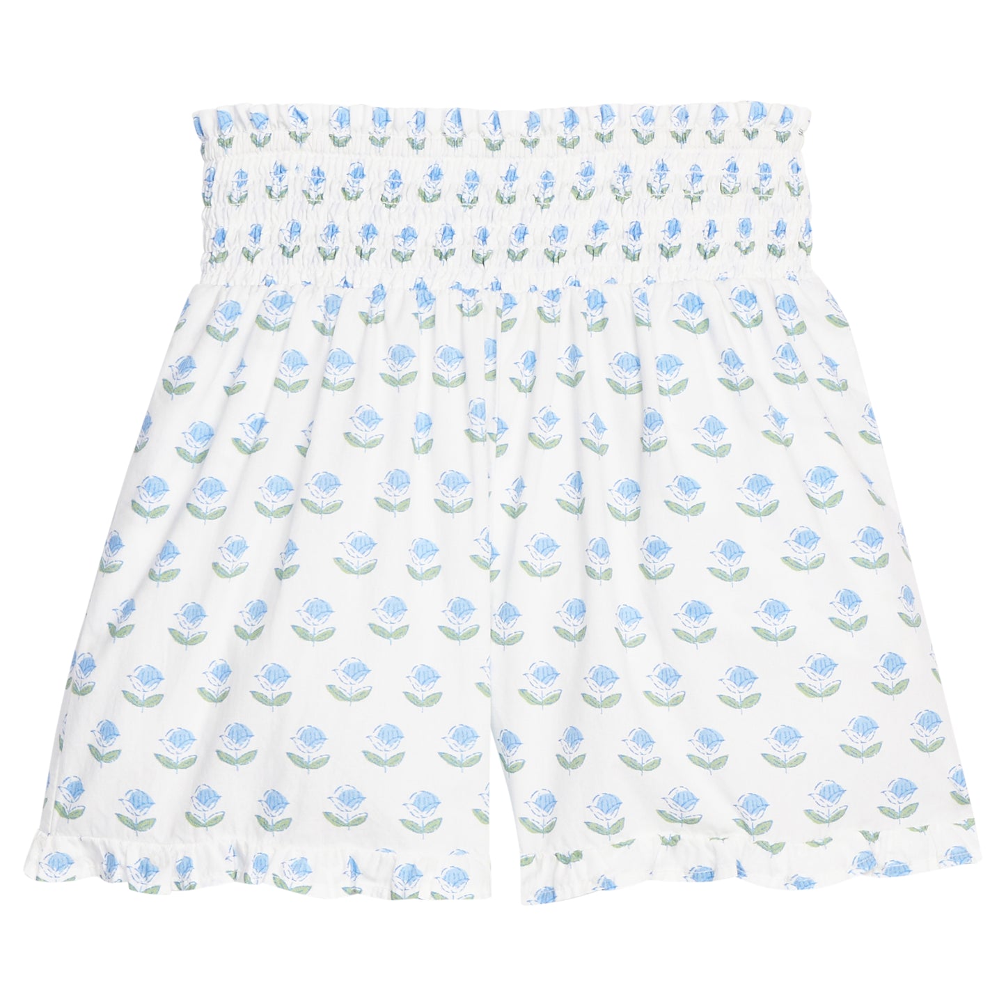 Shirred Ruffle Shorts - Blue Tulip Block Print