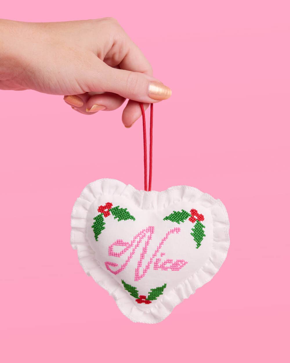 Naughty or Nice Christmas Ornament  Cross stitch 7x5" heart