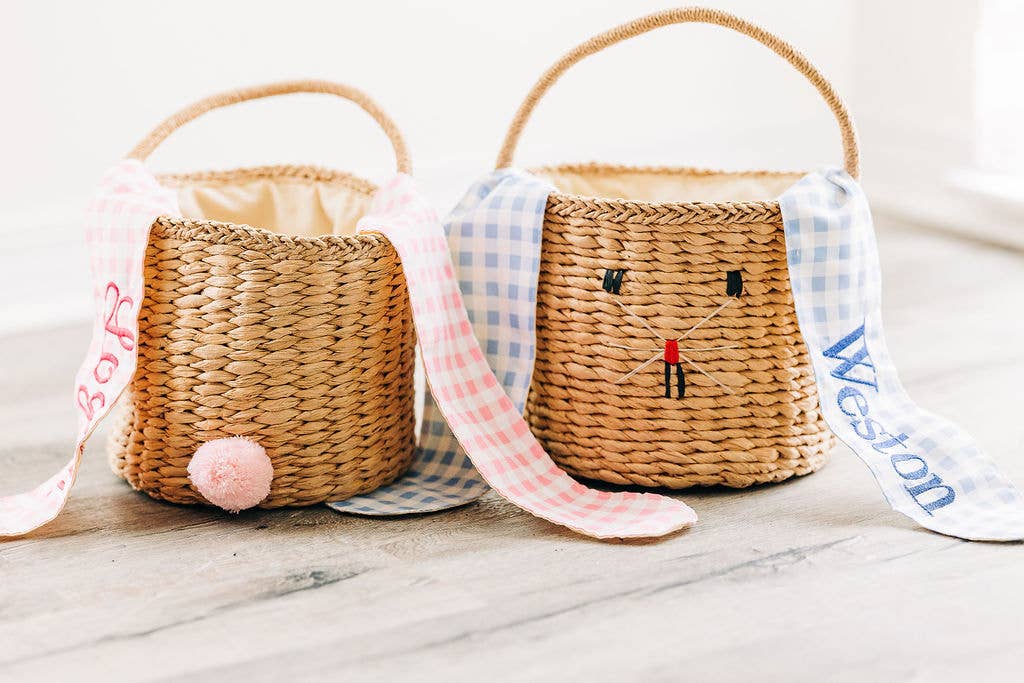 Gingham Kids Easter Basket - Easter Bunny Ears (Monogram Included)