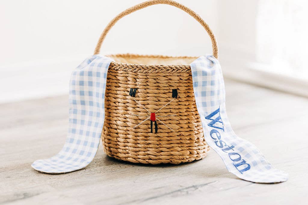 Gingham Kids Easter Basket - Easter Bunny Ears (Monogram Included)