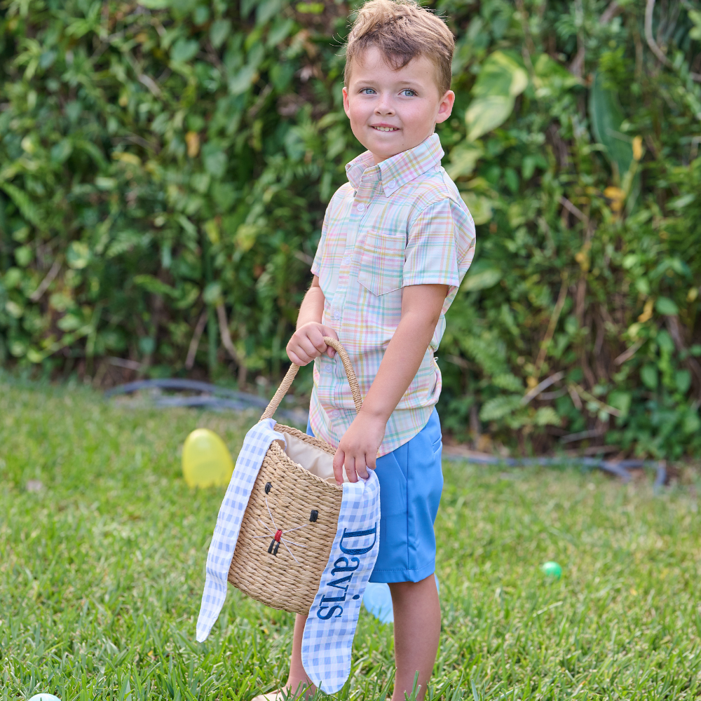 Gingham Kids Easter Basket - Easter Bunny Ears (Monogram Included)