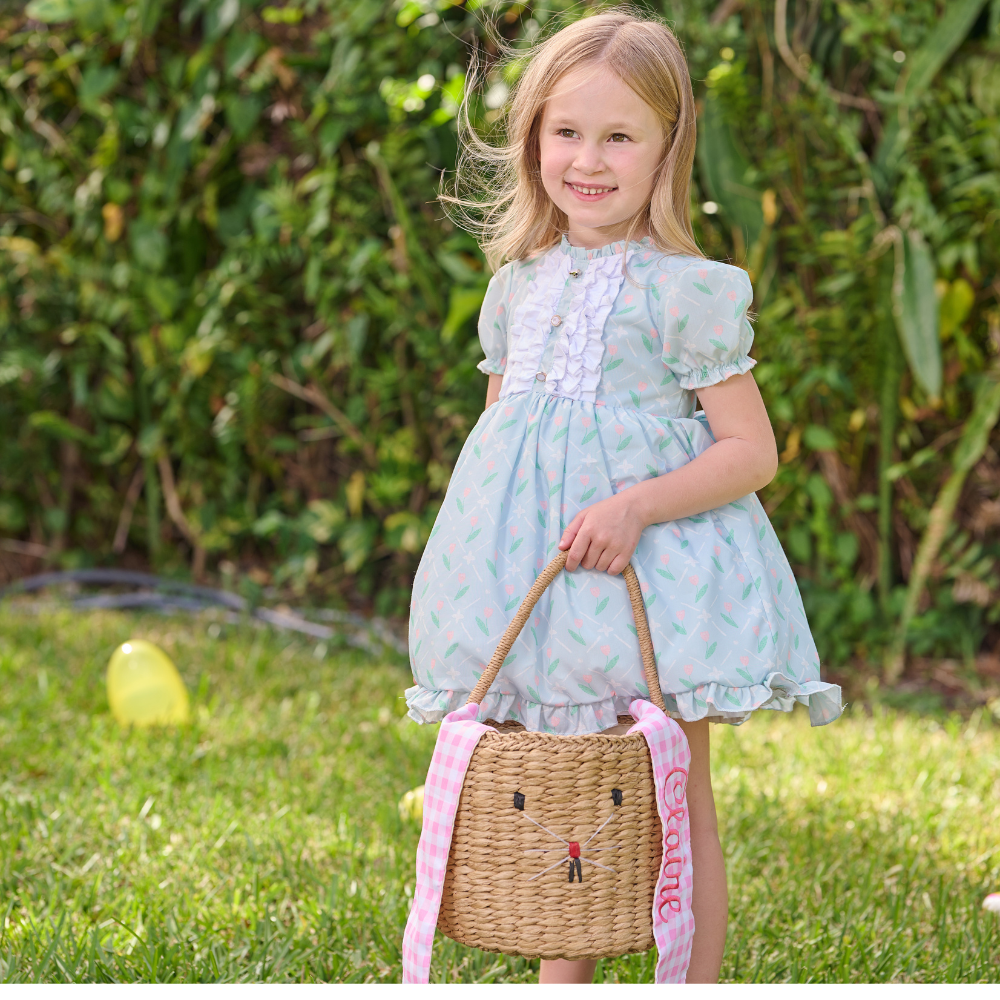 Gingham Kids Easter Basket - Easter Bunny Ears (Monogram Included)