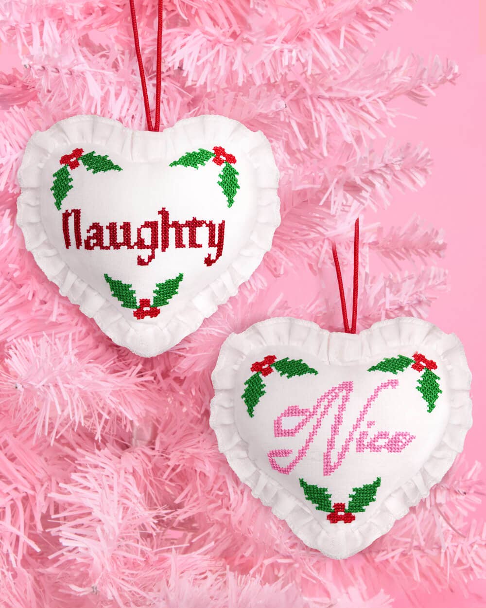 Naughty or Nice Christmas Ornament  Cross stitch 7x5" heart