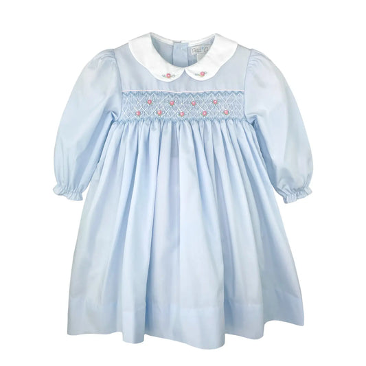 Dress with Floral Smocking and Detailed Collar