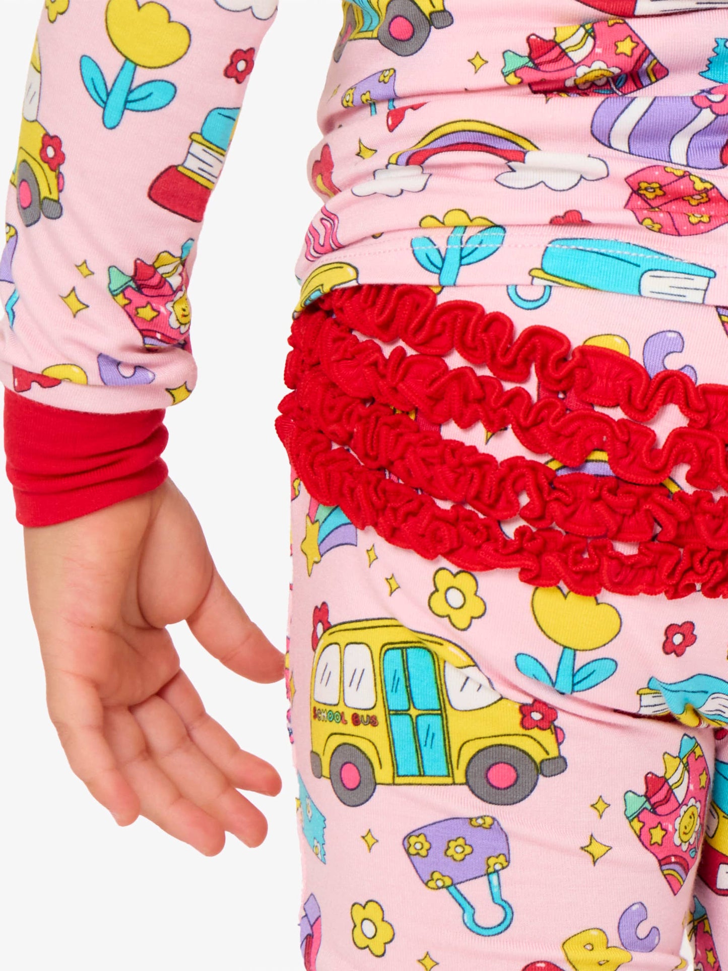 SoftSnooze™ Toddler Girls Bamboo Viscose Classroom Cutie Ruffle Long Sleeve Pajama Set with Signature Rear Ruffles