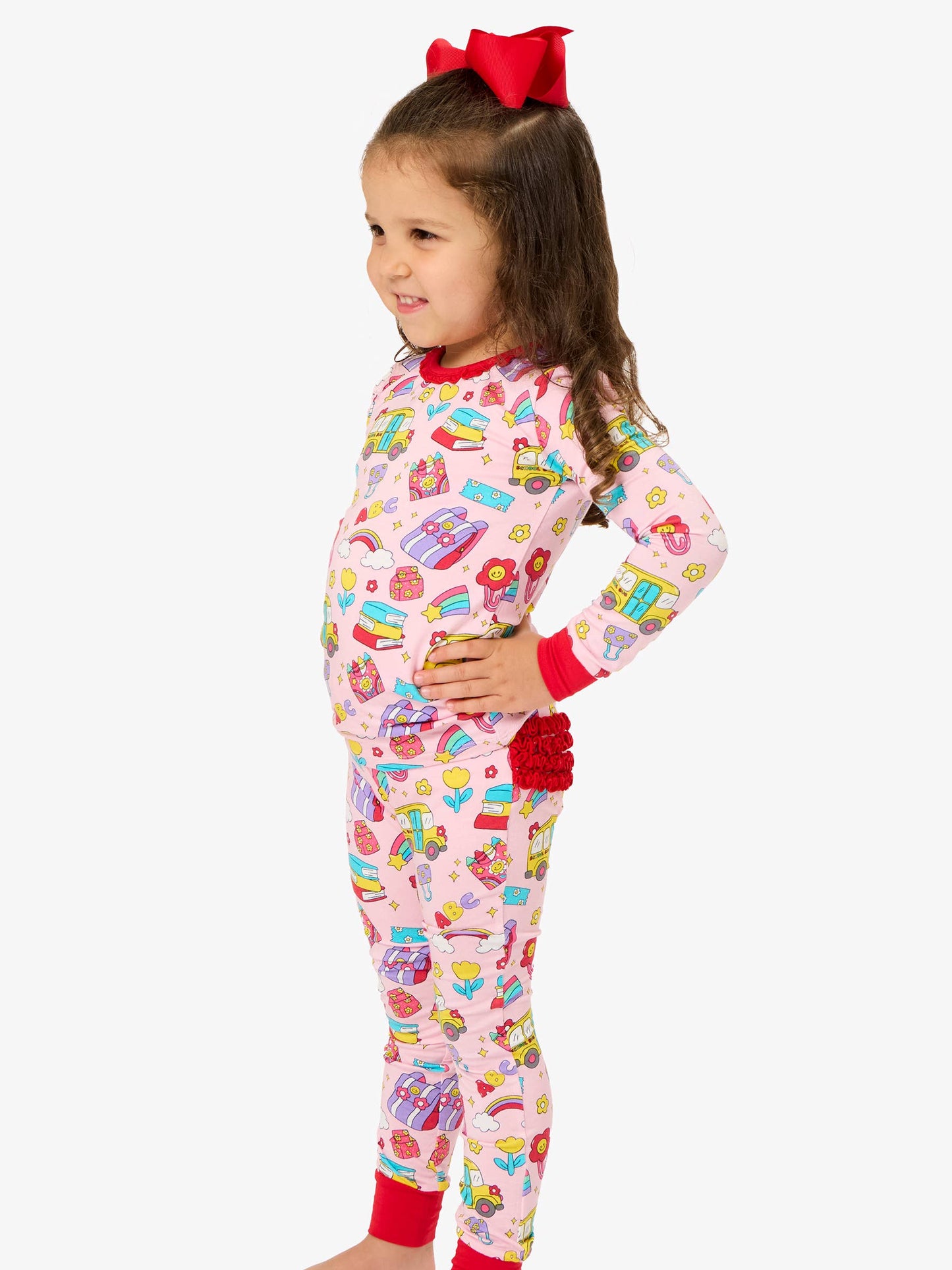 SoftSnooze™ Toddler Girls Bamboo Viscose Classroom Cutie Ruffle Long Sleeve Pajama Set with Signature Rear Ruffles