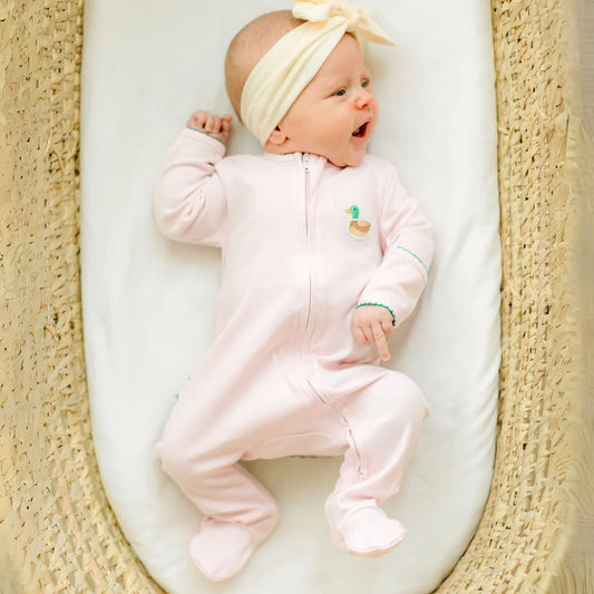 Mallard Embroidered Ruffle Zip Footie - Pink