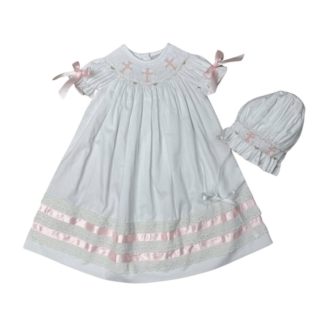 White with Pink Cross Smocked Daygown Set