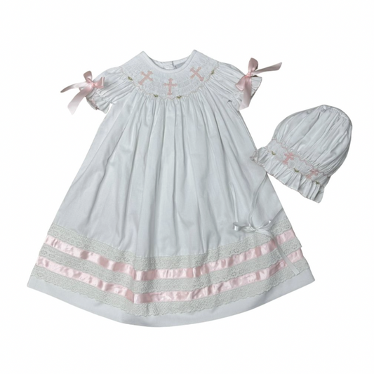 White with Pink Cross Smocked Daygown Set