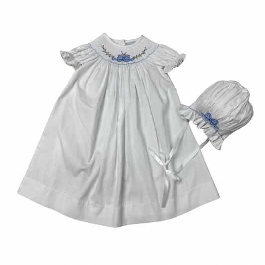 White with Blue Bow Smocked Daygown Set