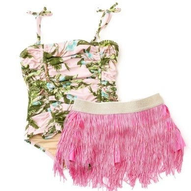 One Piece Swimsuit with Fringe Skirt - Blush Tropics