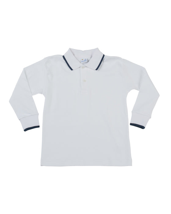White Long Sleeve Polo w/ Navy Tipping