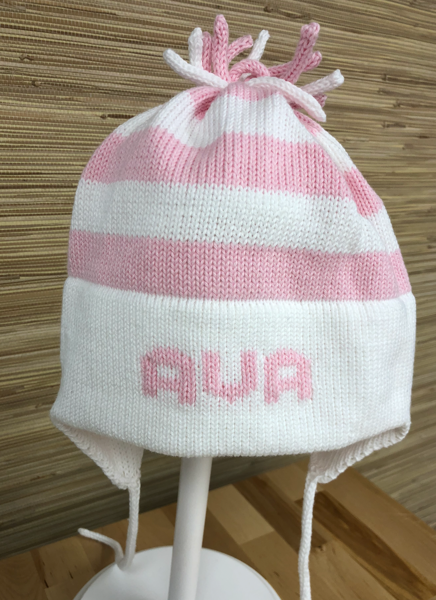 Stripe Earflap Hat- Light Pink/White