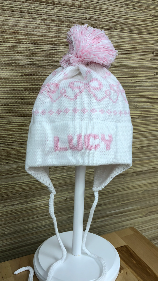 Bow Earflap Hat- Light Pink/White