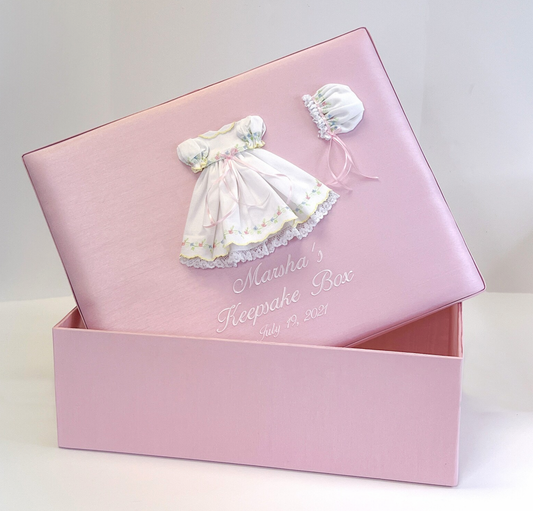 Large Keepsake Box in Shantung With Embroidered Swiss Batiste Dress and Flowers-PRE ORDER