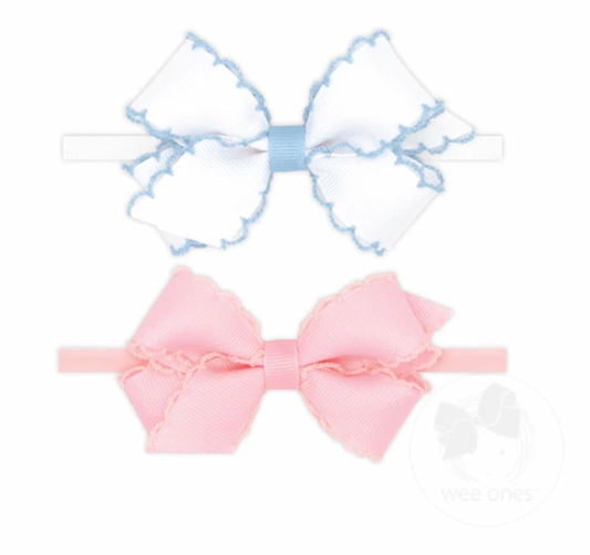 2 Mini Moon stitch bows with Band-Blue & Pink