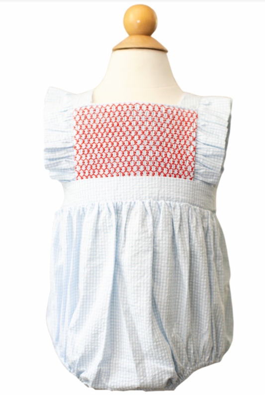Smocked Edith Bubble-Blue & Red