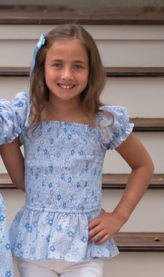 Smocked Blue Floral Ruffle Top