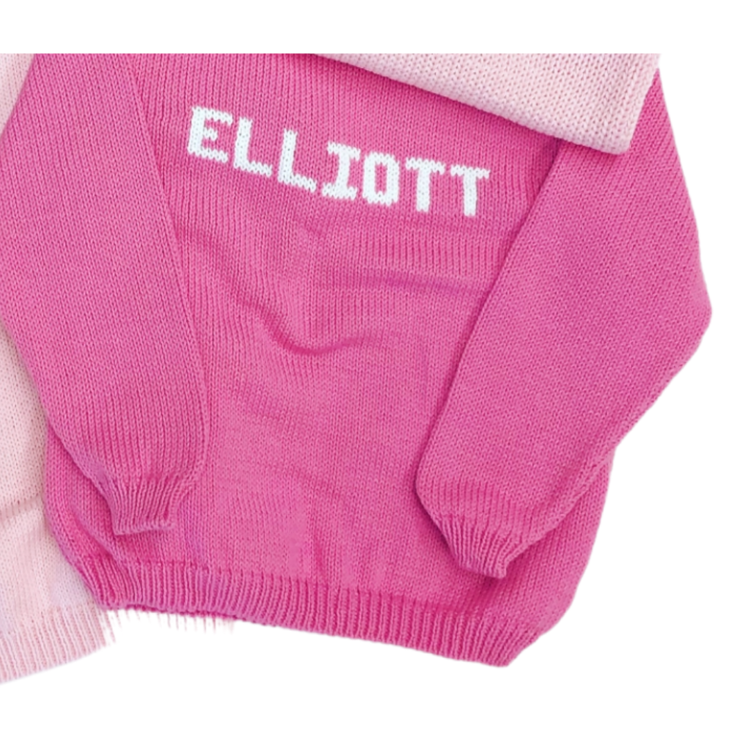 Roll Neck Name Sweater- Bright Pink/White